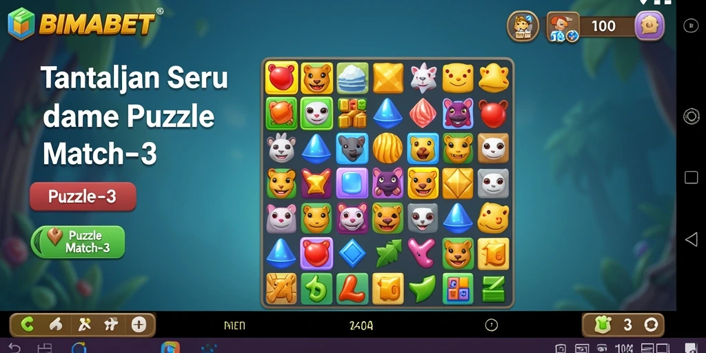 Antarmuka grafis warna-warni dari BIMABET game Puzzle Match-3.